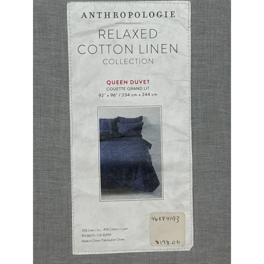 Anthropologie Relaxed Cotton Linen Queen Duvet - Dark Blue
